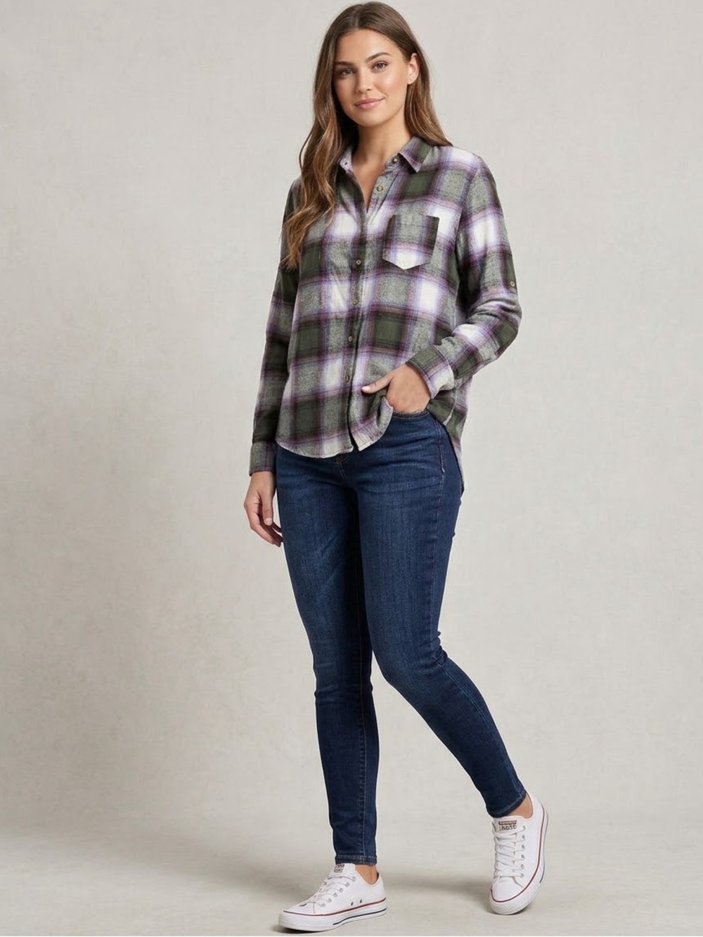 Love Notes Olive and Purple Plaid Button-Down Shirt